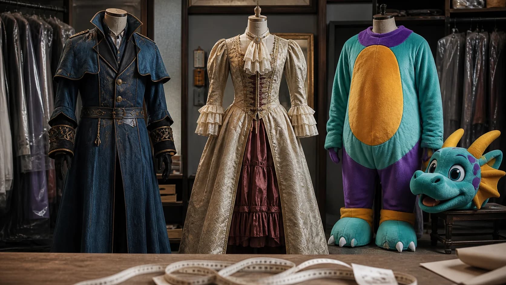 Original unlicensed costume designs on dress forms in a professional fitting studio