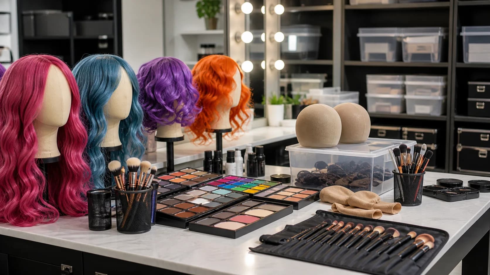 Original costume wigs and generic theatrical makeup tools in a hygienic studio