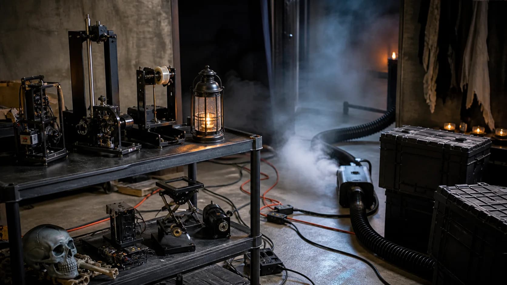 Original unlicensed theatrical props and animatronic mechanisms arranged for setup and storage planning